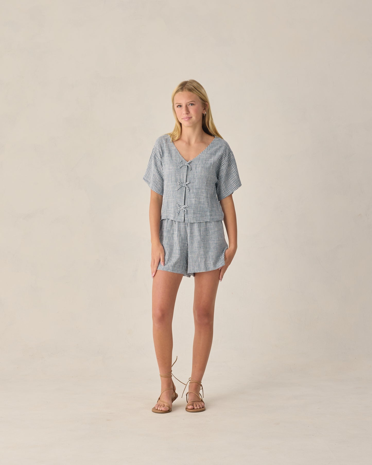 Teen Marine Gingham Juniper set by Rylee & Cru featuring a coordinated top and bottom with navy and white gingham pattern.