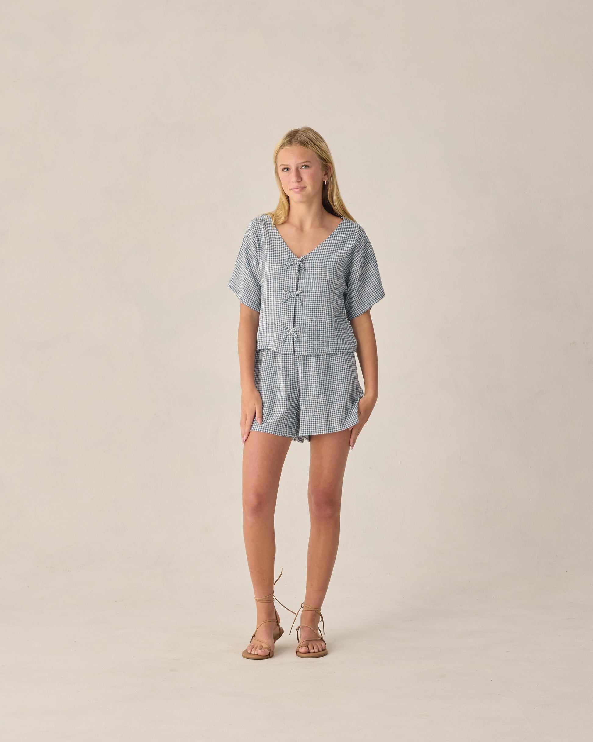 Teen Marine Gingham Juniper set by Rylee & Cru featuring a coordinated top and bottom with navy and white gingham pattern.