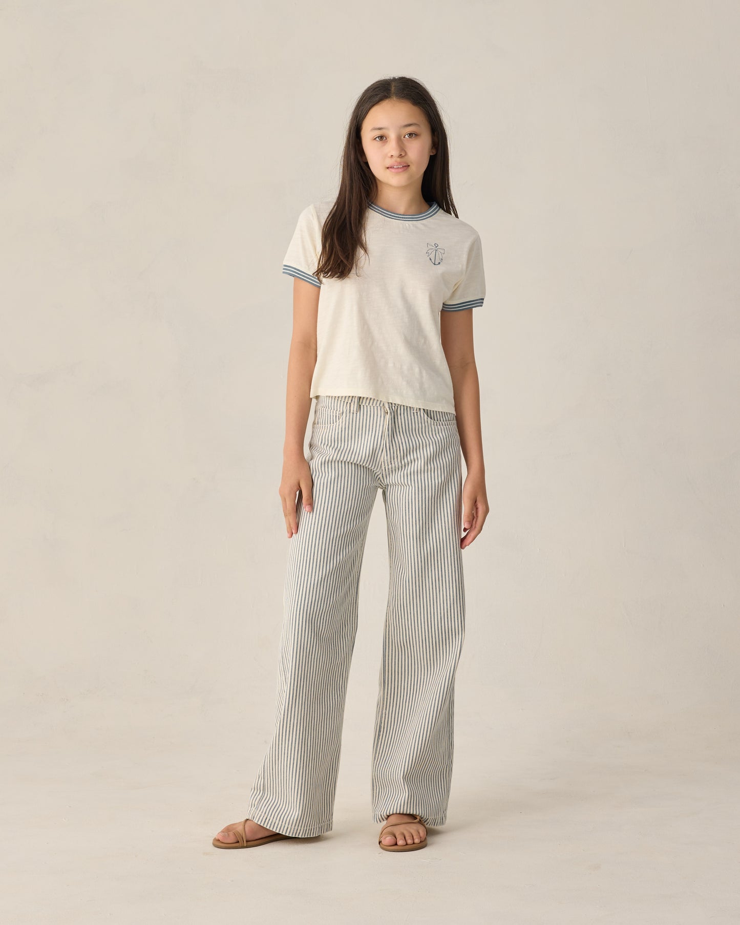 Teen Anchor Bow Ringer Tee by Rylee & Cru featuring a nautical anchor and bow design on a white and navy ringer t-shirt.