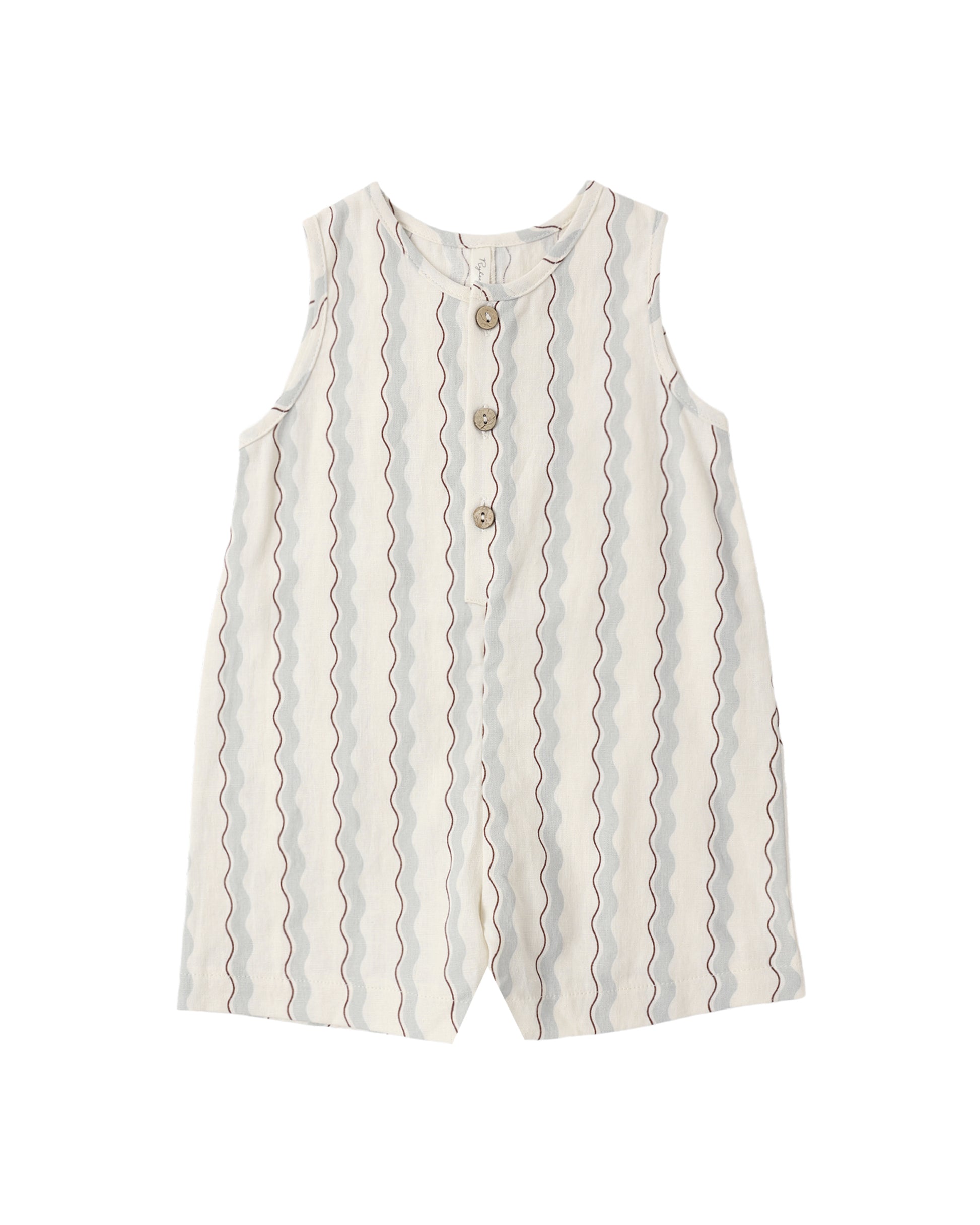Rylee & Cru Wave Stripe Mavrick Romper featuring blue and white wave pattern, short sleeves, and button closure on front.