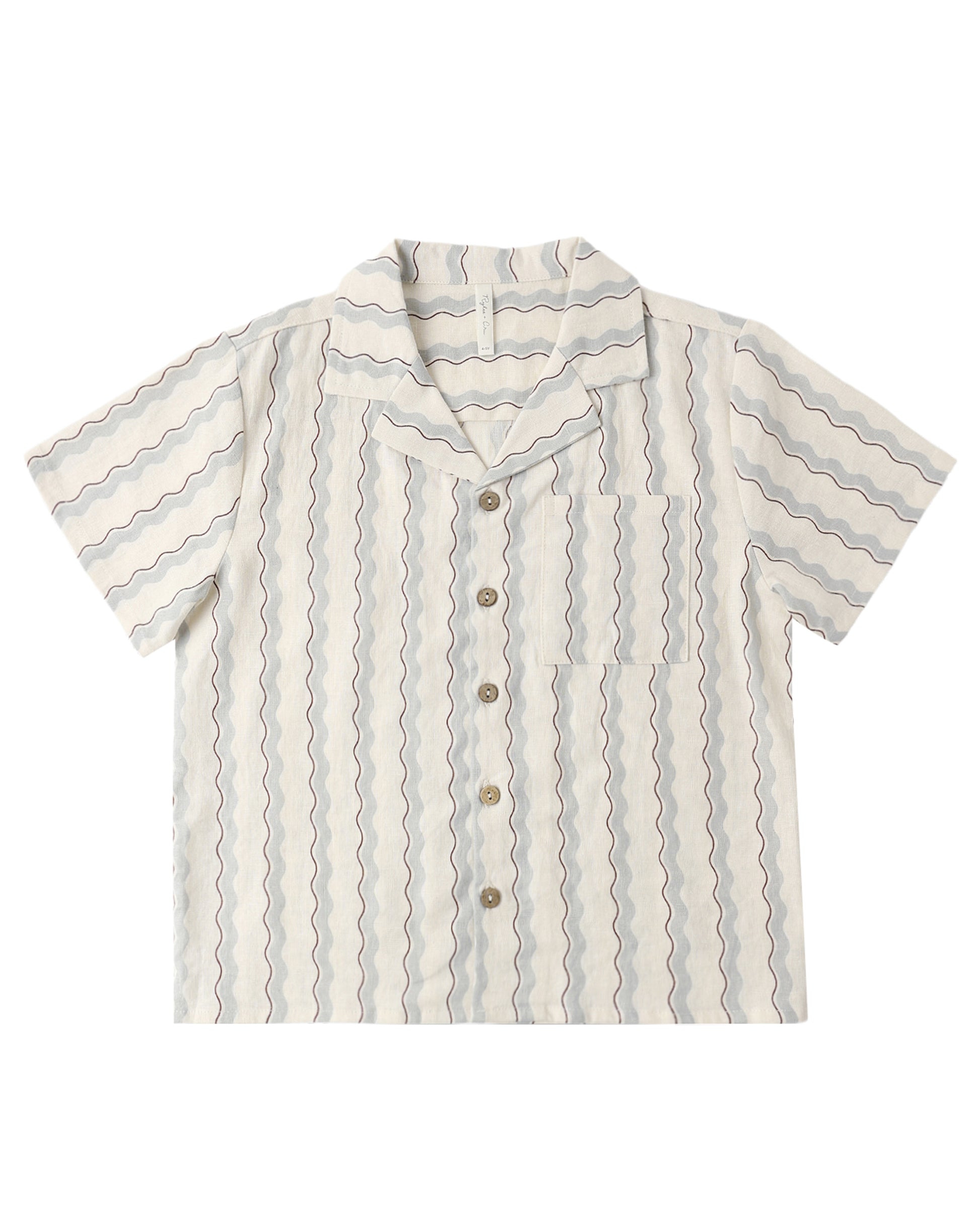 Rylee & Cru Wave Stripe Lapel Collar Shirt with long sleeves and a relaxed fit, featuring blue and white wave stripe pattern.