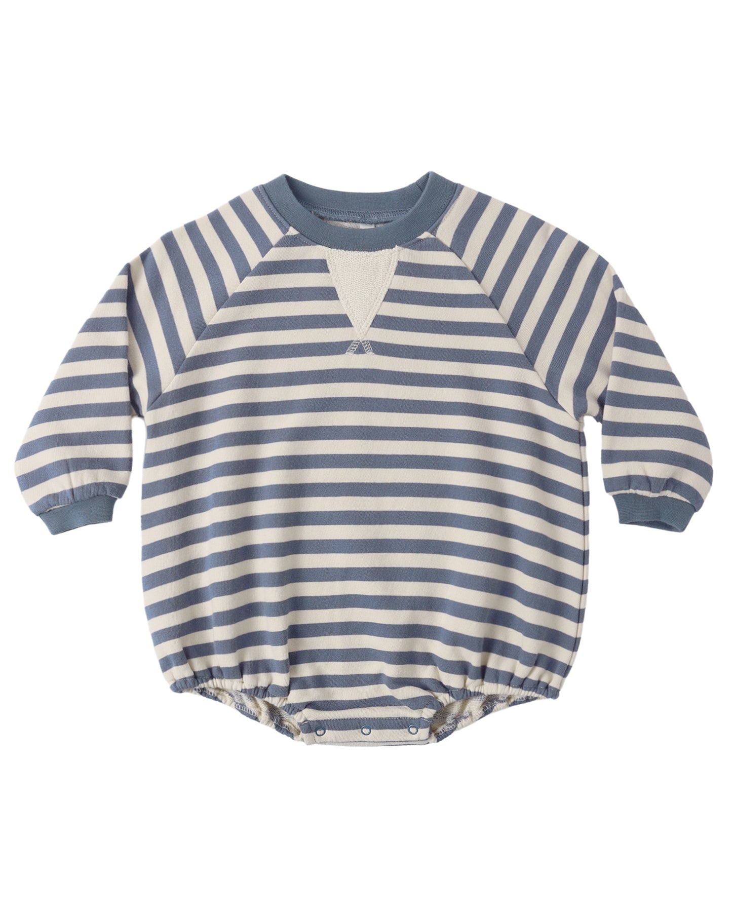 Rylee & Cru Marine Stripe Crewneck Romper featuring navy and white nautical stripes and a comfortable crewneck design.