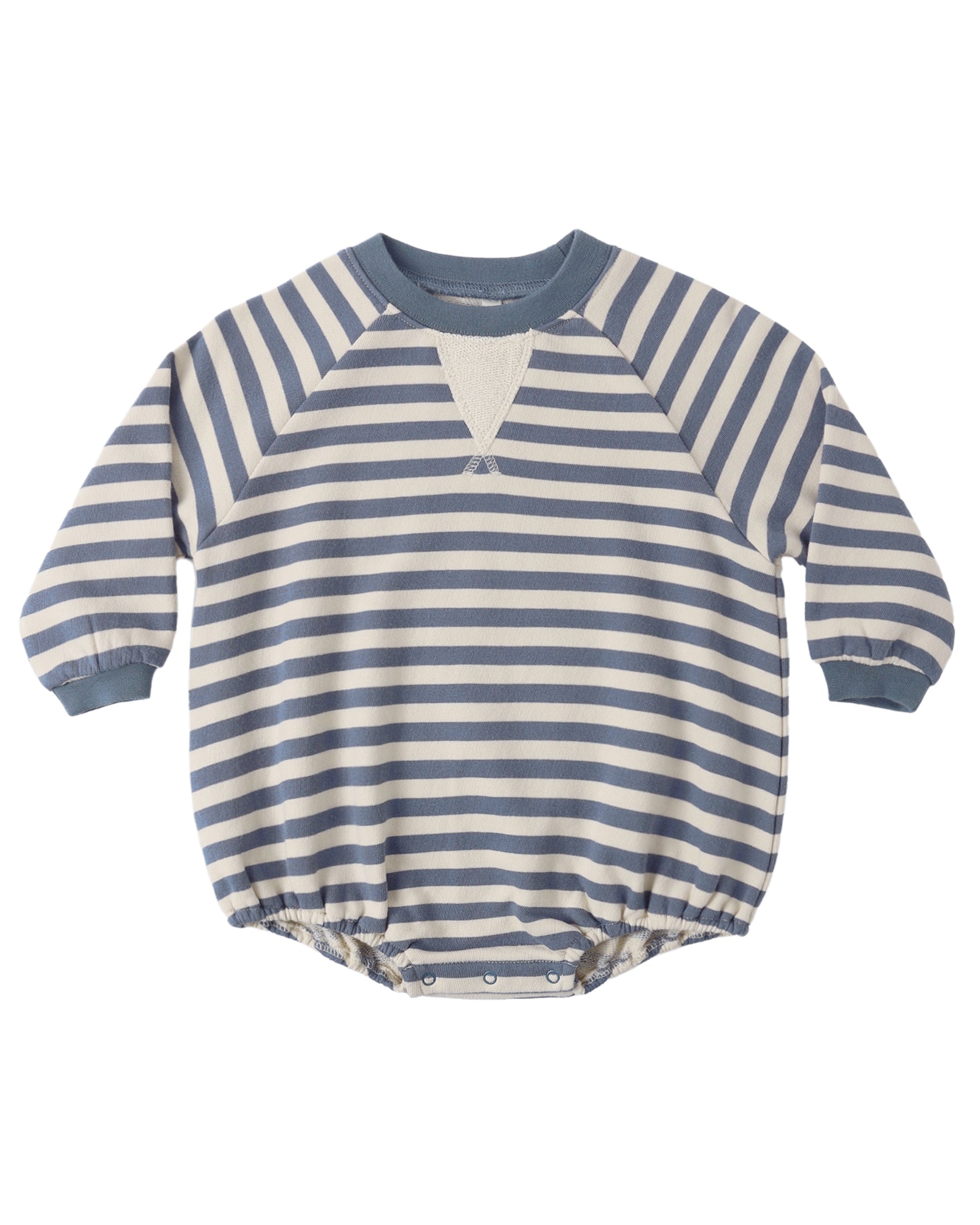 Rylee & Cru Marine Stripe Crewneck Romper featuring navy and white nautical stripes and a comfortable crewneck design.