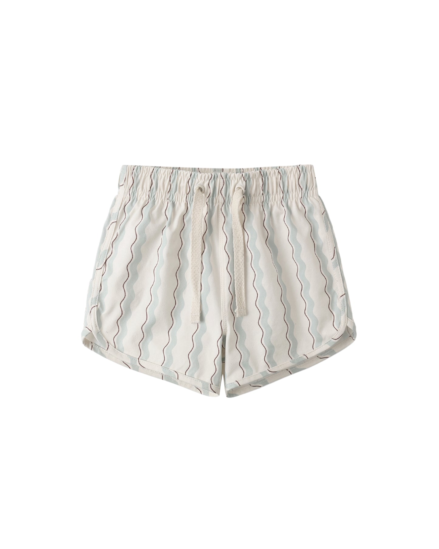 Rylee & Cru Wave Stripe Swim Trunk with blue and white wave pattern, elastic waistband, and lightweight fabric.