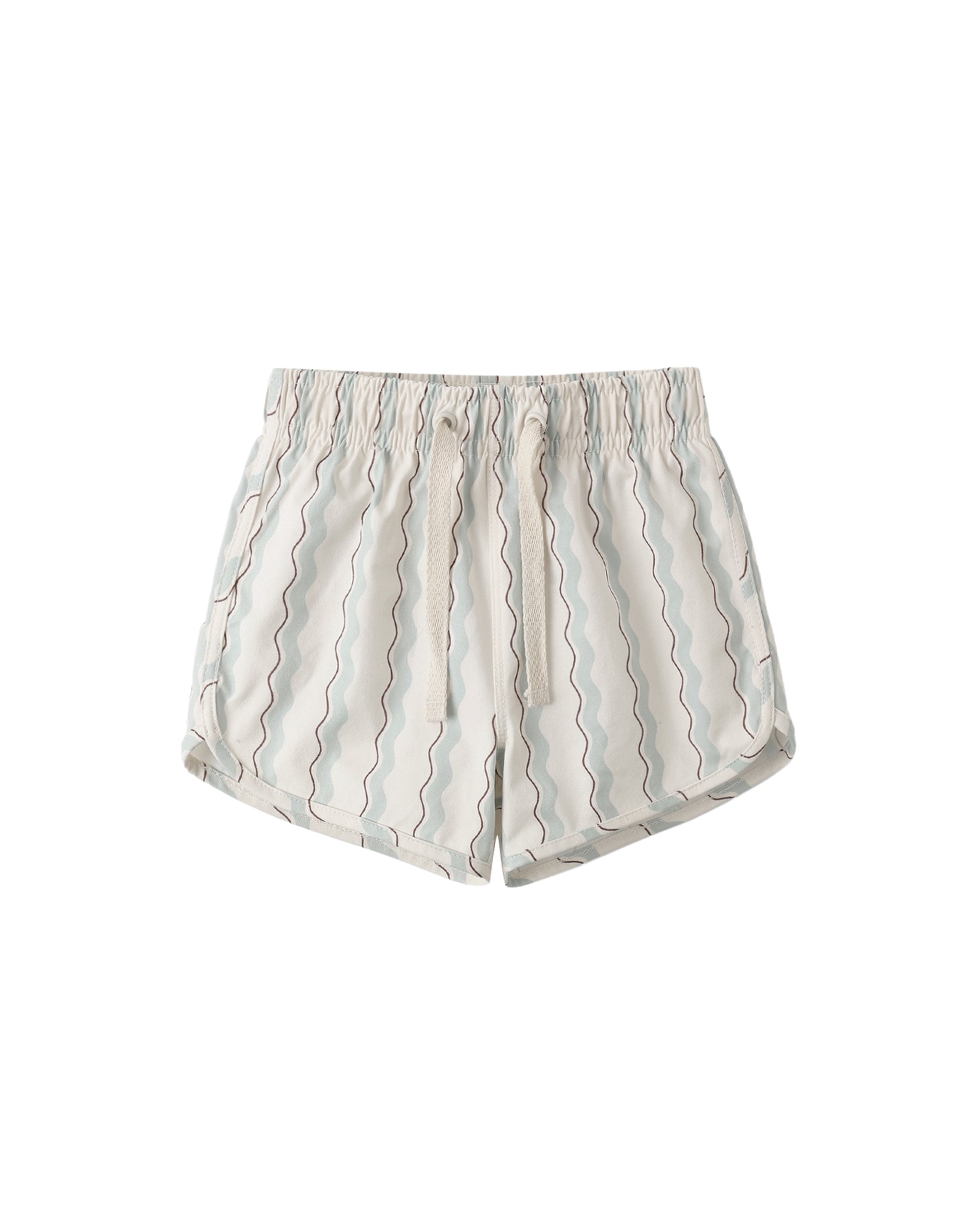 Rylee & Cru Wave Stripe Swim Trunk with blue and white wave pattern, elastic waistband, and lightweight fabric.