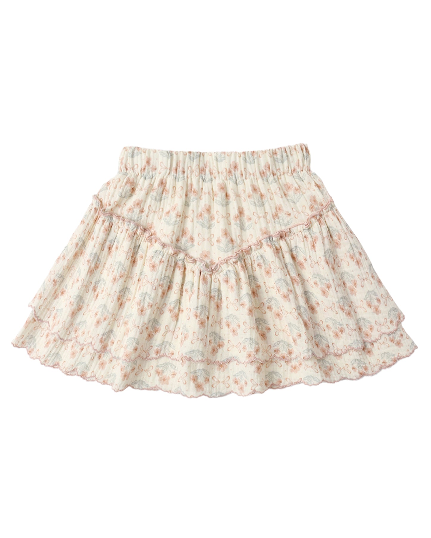Rylee & Cru Blossom tiered mini skirt with floral pattern and ruffle layers, displayed on a hanger against a neutral background.