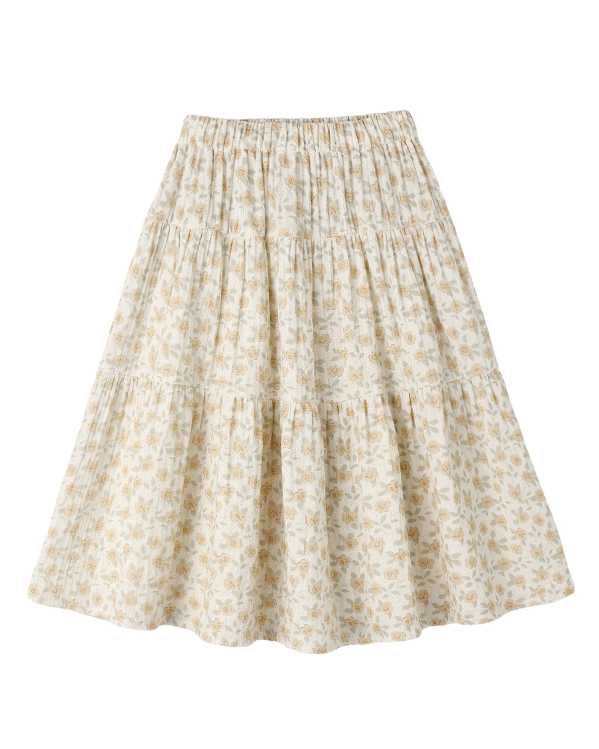 Yellow floral tiered mini skirt by Rylee & Cru with a flowy, layered design and vibrant flower pattern.