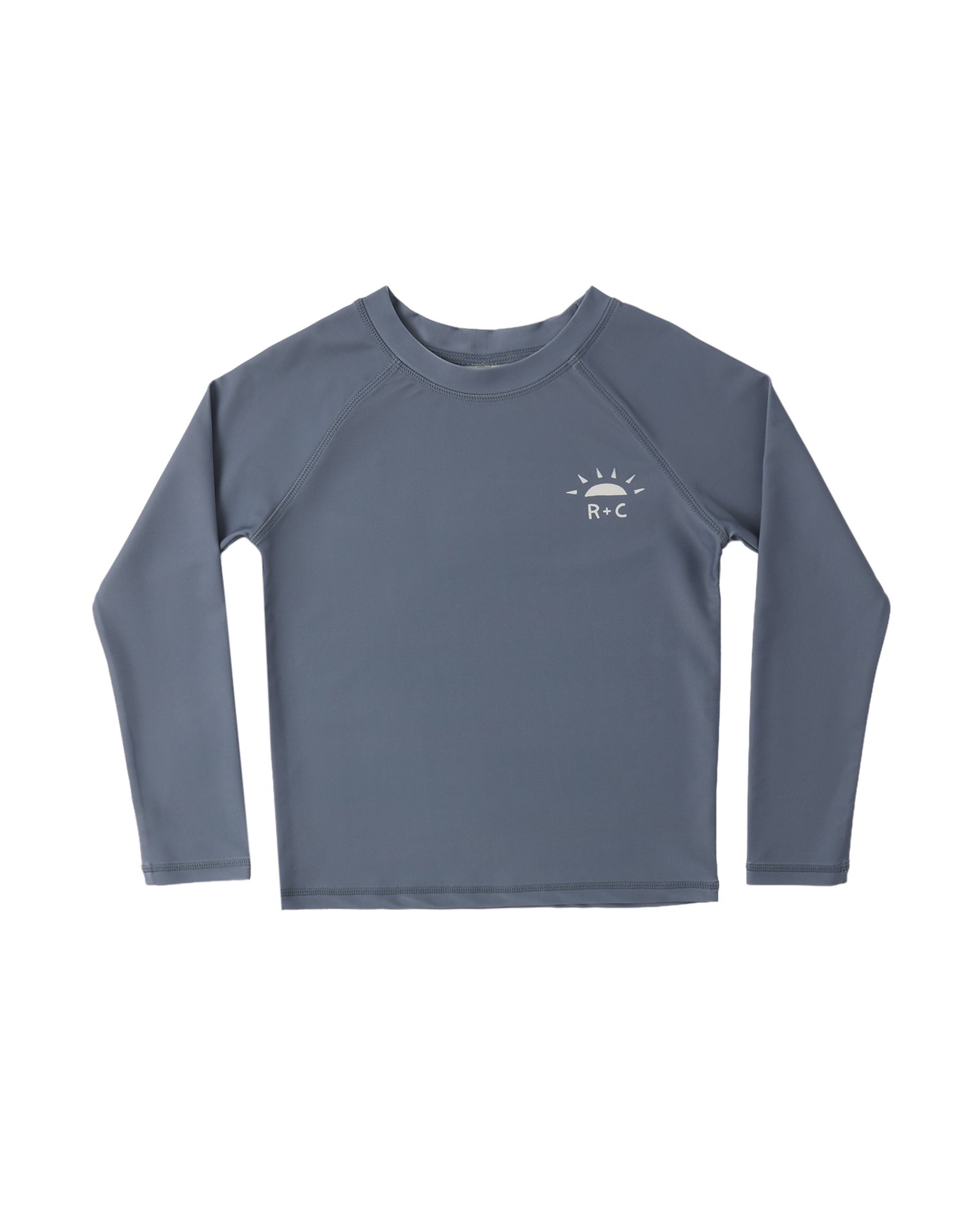 Rylee & Cru marine long sleeve rashguard with sun protection, featuring a navy blue design and lightweight, quick-dry fabric.