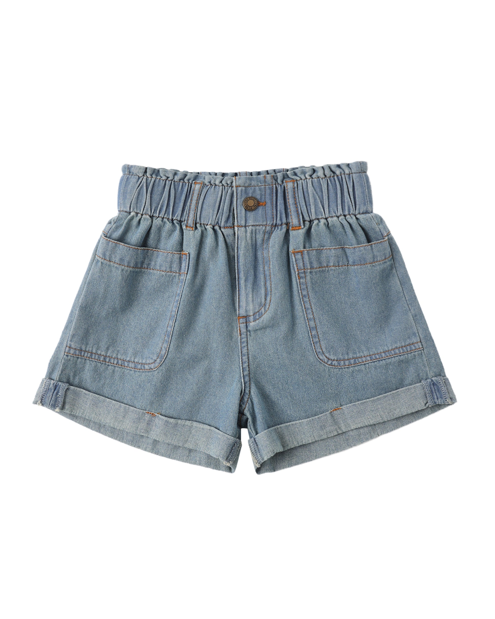 Rylee & Cru washed blue Alba short denim shorts for kids, showing the front view with distressed details and rolled hems.