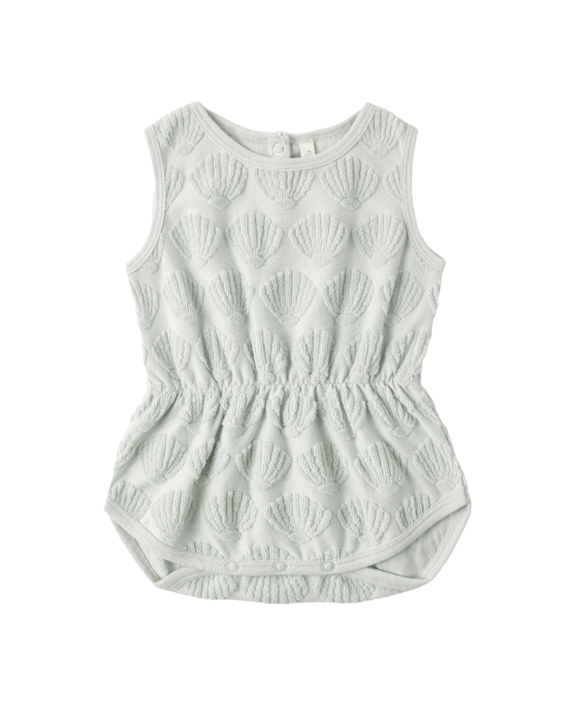 Rylee & Cru Seashells Cinch Playsuit featuring a lightweight fabric with seashell print, adjustable waist, and short sleeves.