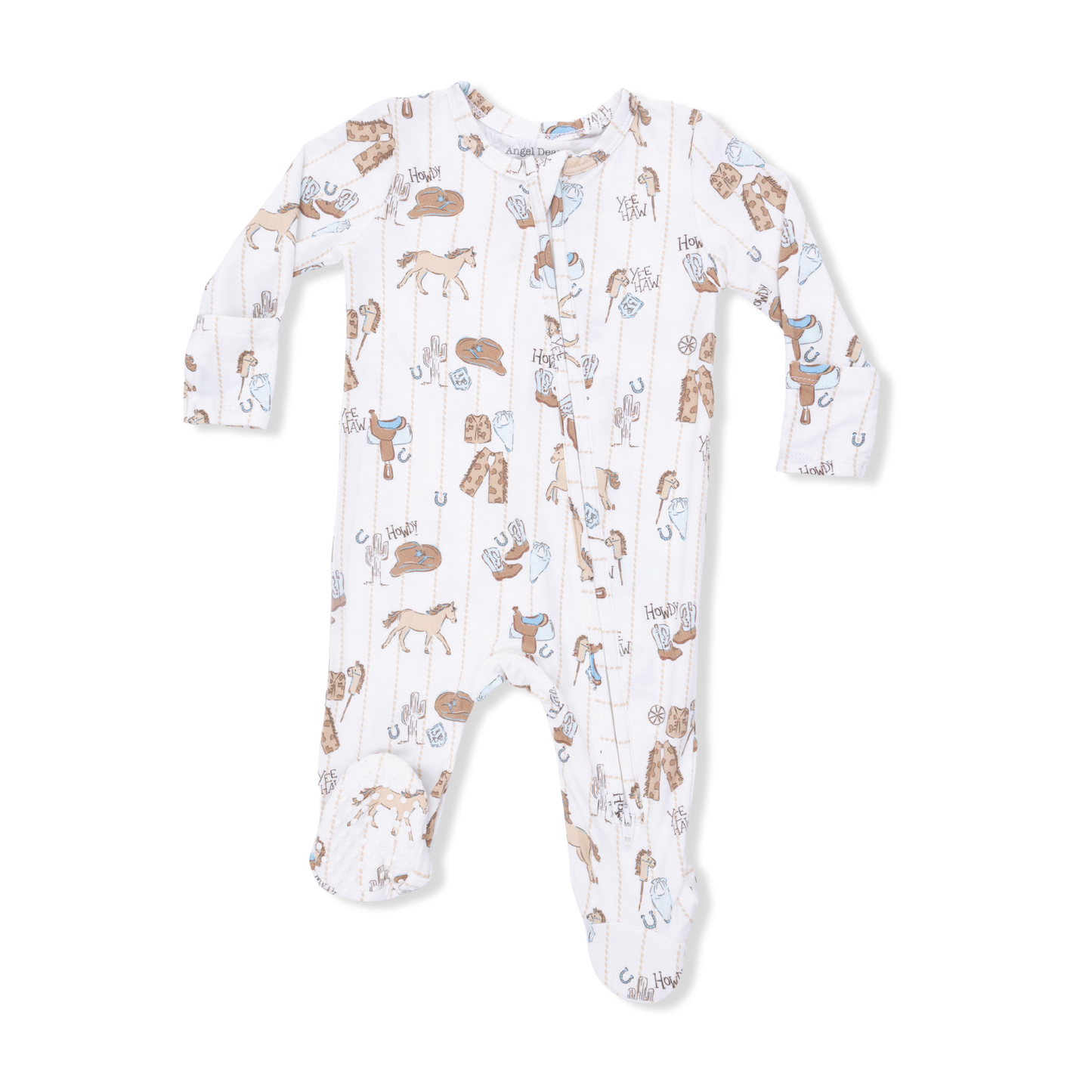 Angel Dear Cowboy Nursery Zip Footie featuring a cute cowboy design, soft fabric, and zipper closure for easy dressing.