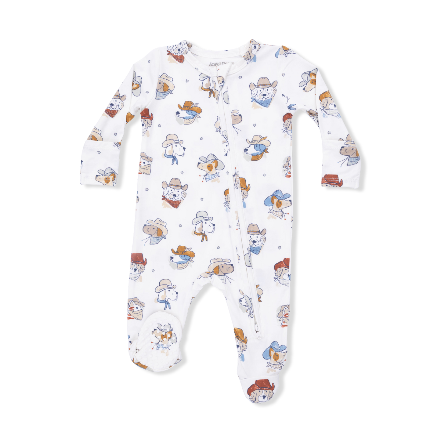 Angel Dear Cowdogs Zip Footie, soft baby onesie featuring fun cowdog print and full zip closure for easy dressing.