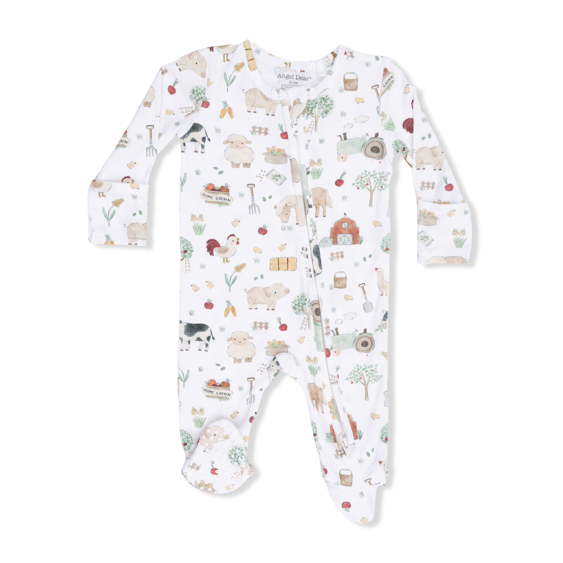 Angel Dear cute farm animals zip footie featuring colorful farm animal prints on soft fabric, perfect for babies.
