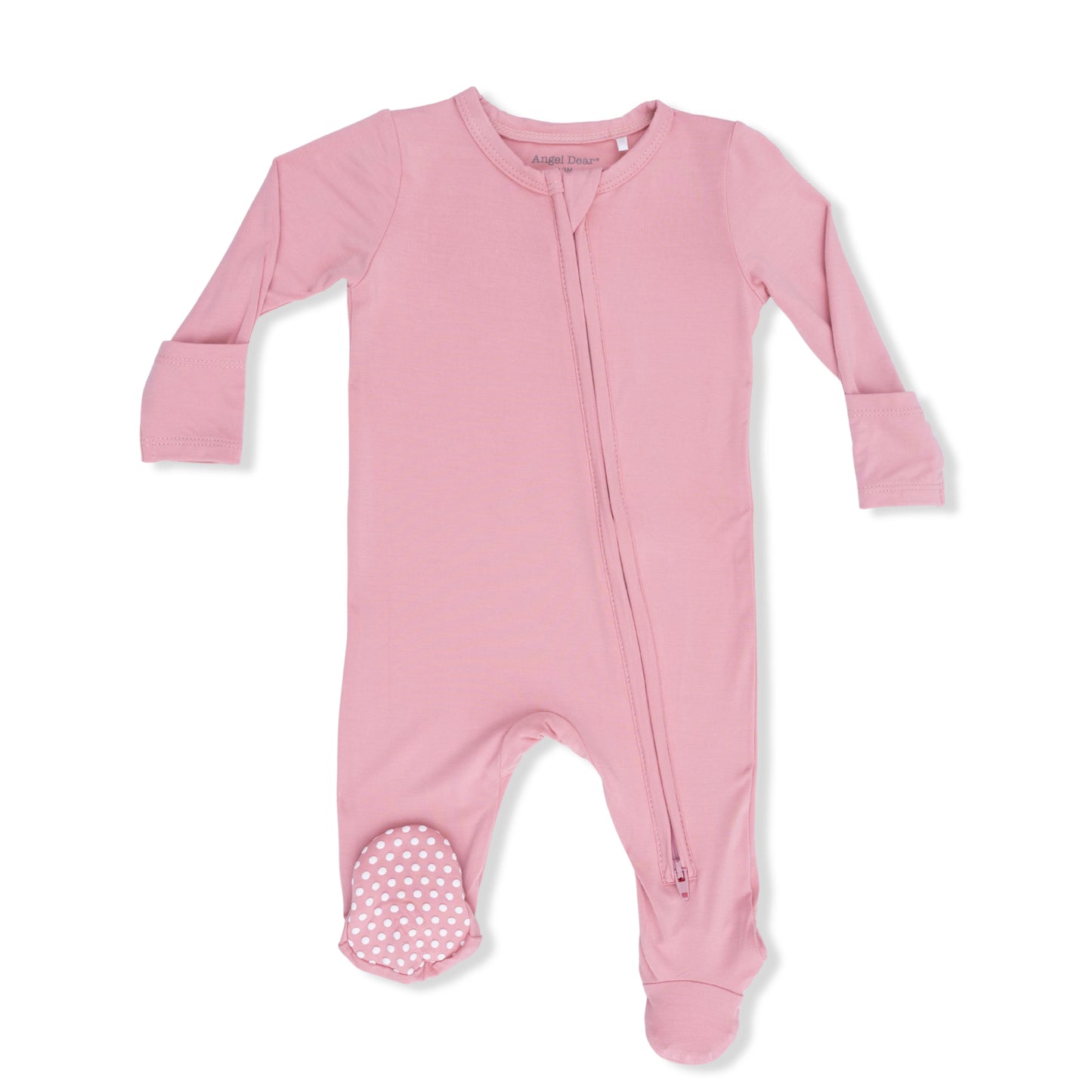 Angel Dear Solid Rose Elegance Zip Footie for babies, featuring soft fabric and full-length zipper for easy dressing.