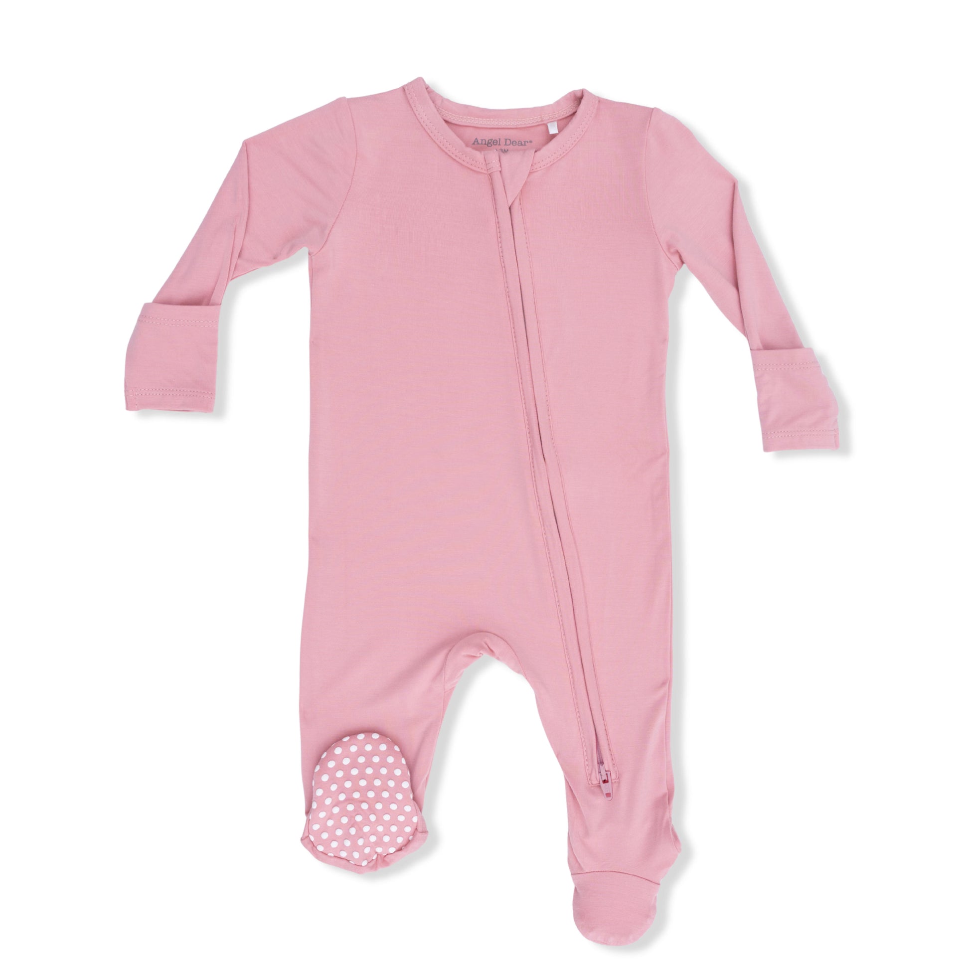 Angel Dear Solid Rose Elegance Zip Footie for babies, featuring soft fabric and full-length zipper for easy dressing.