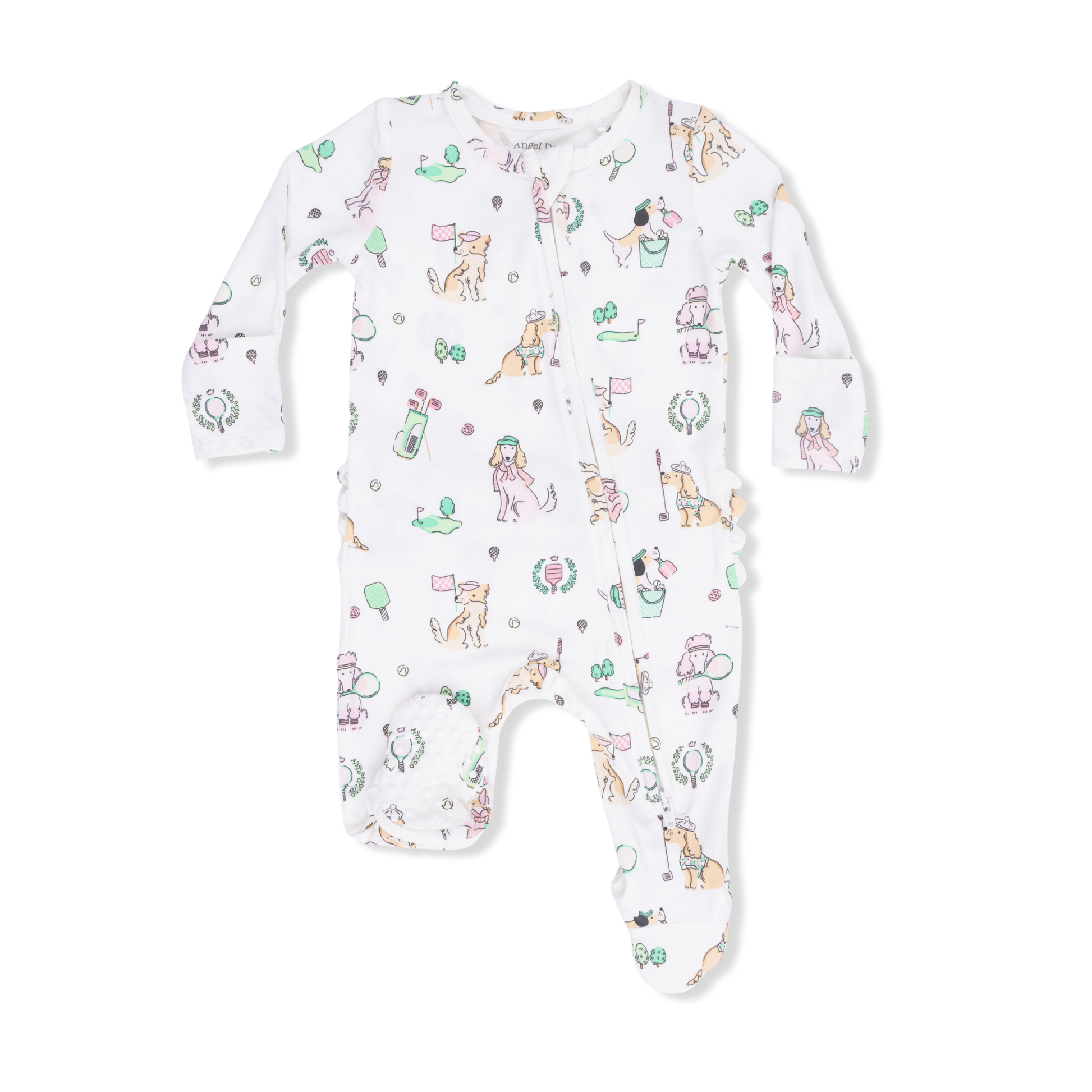 Angel Dear Country Club Dogs Ruffle Zip Footie for babies, soft fabric with ruffle details and zip closure, adorable and comfortable.