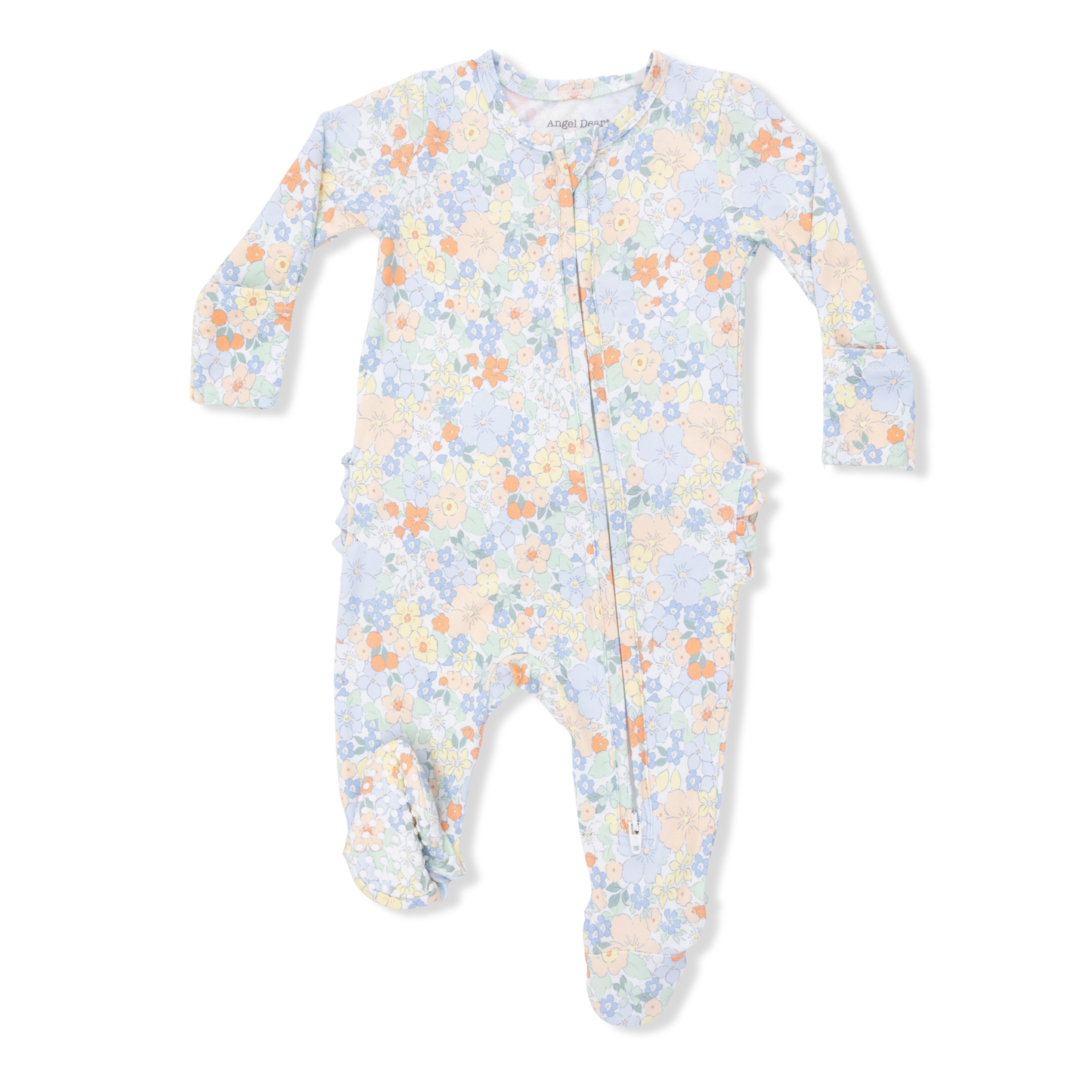 Angel Dear Georgia Floral Ruffle Footie for babies, featuring a soft floral print and ruffled details, perfect for comfort and style.