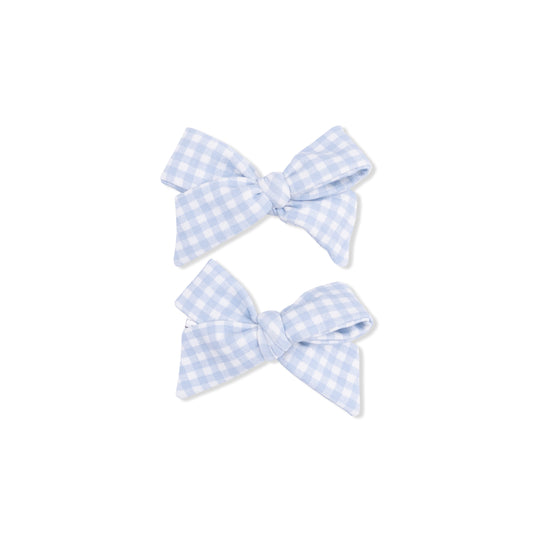 Mini Gingham Blue 2 Pack Bow Clips