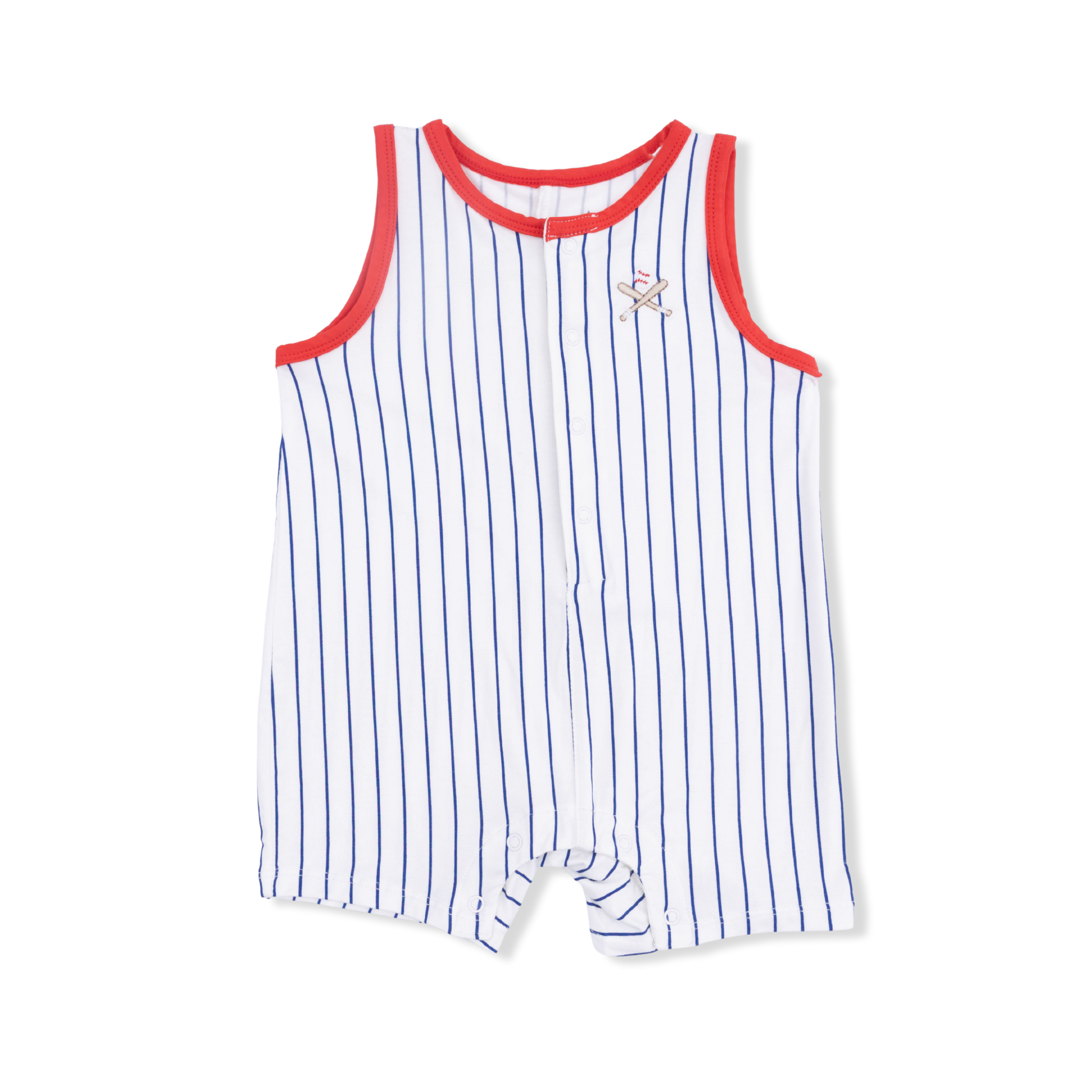 Angel Dear baseball stripe sleeveless shortie romper for babies, featuring soft fabric and playful striped design.
