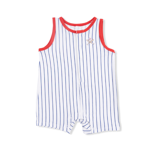 Angel Dear baseball stripe sleeveless shortie romper for babies, featuring soft fabric and playful striped design.