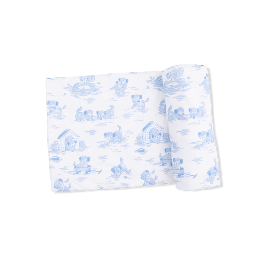 Puppy Toile Blue Swaddle Blanket