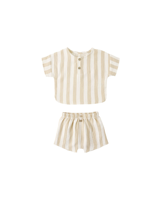 Quincy Mae summer stripe woven boxy top and shorts set displayed on a light background, showcasing a casual outfit.
