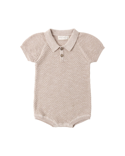 Heathered latte knit polo romper for babies by Quincy Mae, featuring a soft, cozy design with a collared neckline and short sleeves.