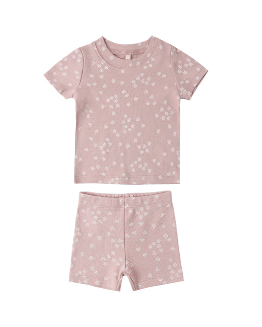 Mauve Ditsy summer pajama set by Quincy Mae with a sleeveless top and matching shorts featuring a floral pattern.