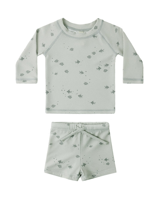 Quincy Mae Fish Finn rashguard and short set for kids, featuring a colorful fish pattern and comfortable swimwear design.
