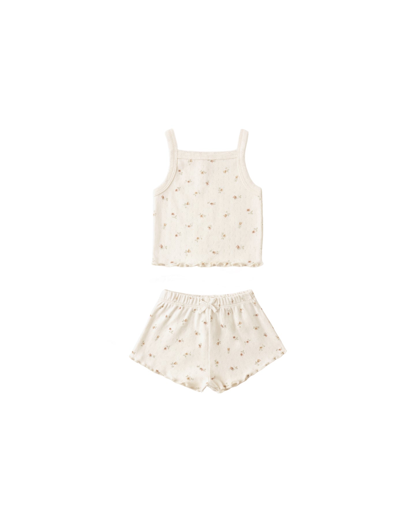 Quincy Mae Petit Fleur Pointelle Tank and Shortie Set for infants, featuring delicate floral knit patterns and soft pastel colors.