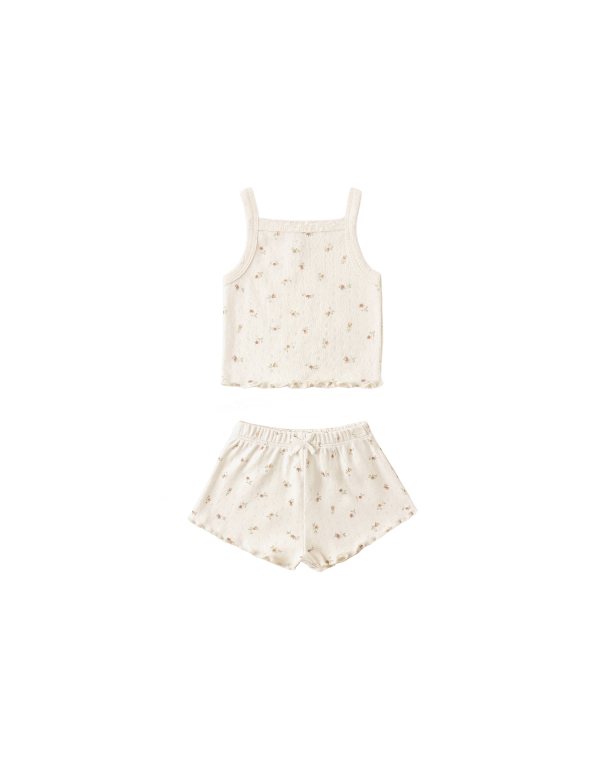 Quincy Mae Petit Fleur Pointelle Tank and Shortie Set for infants, featuring delicate floral knit patterns and soft pastel colors.