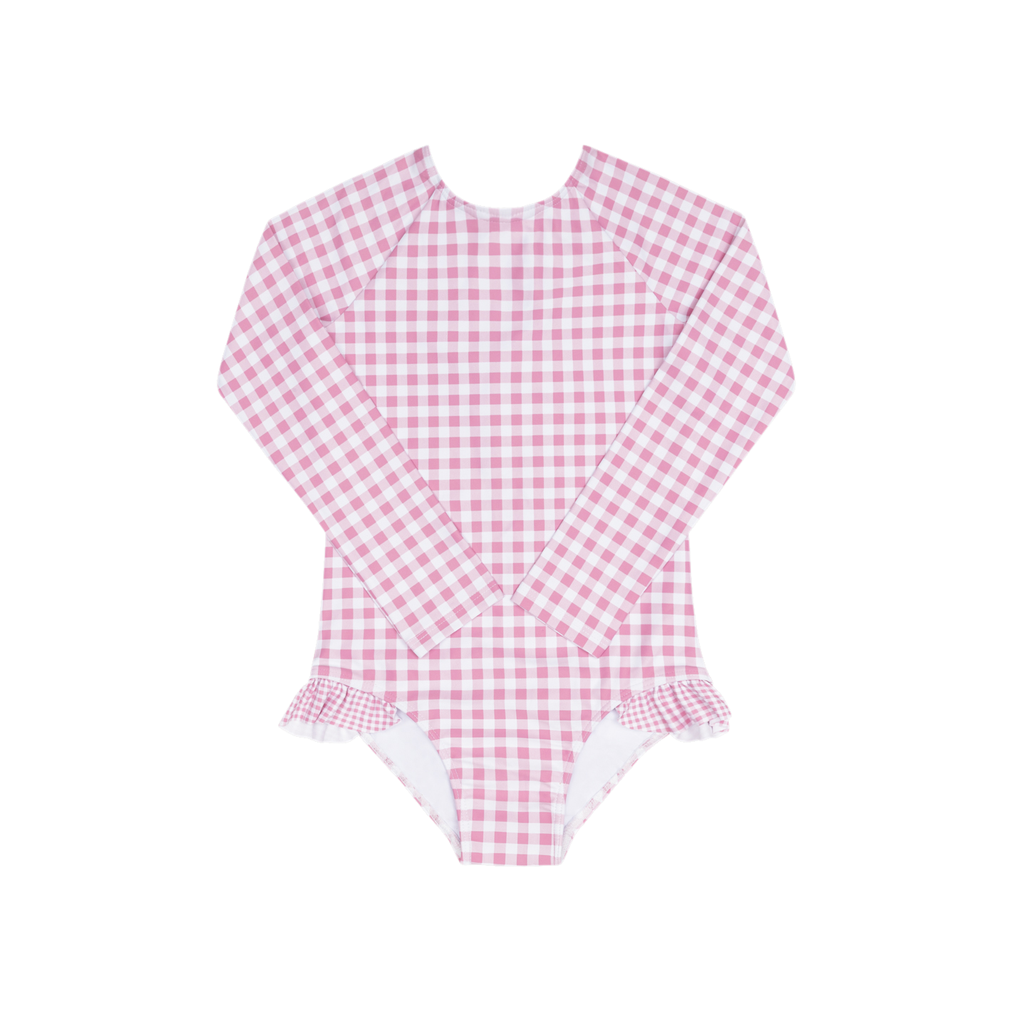 Girls blush gingham rashguard one-piece swimsuit by Minnow with long sleeves and ruffle detail, perfect for beach and pool days.