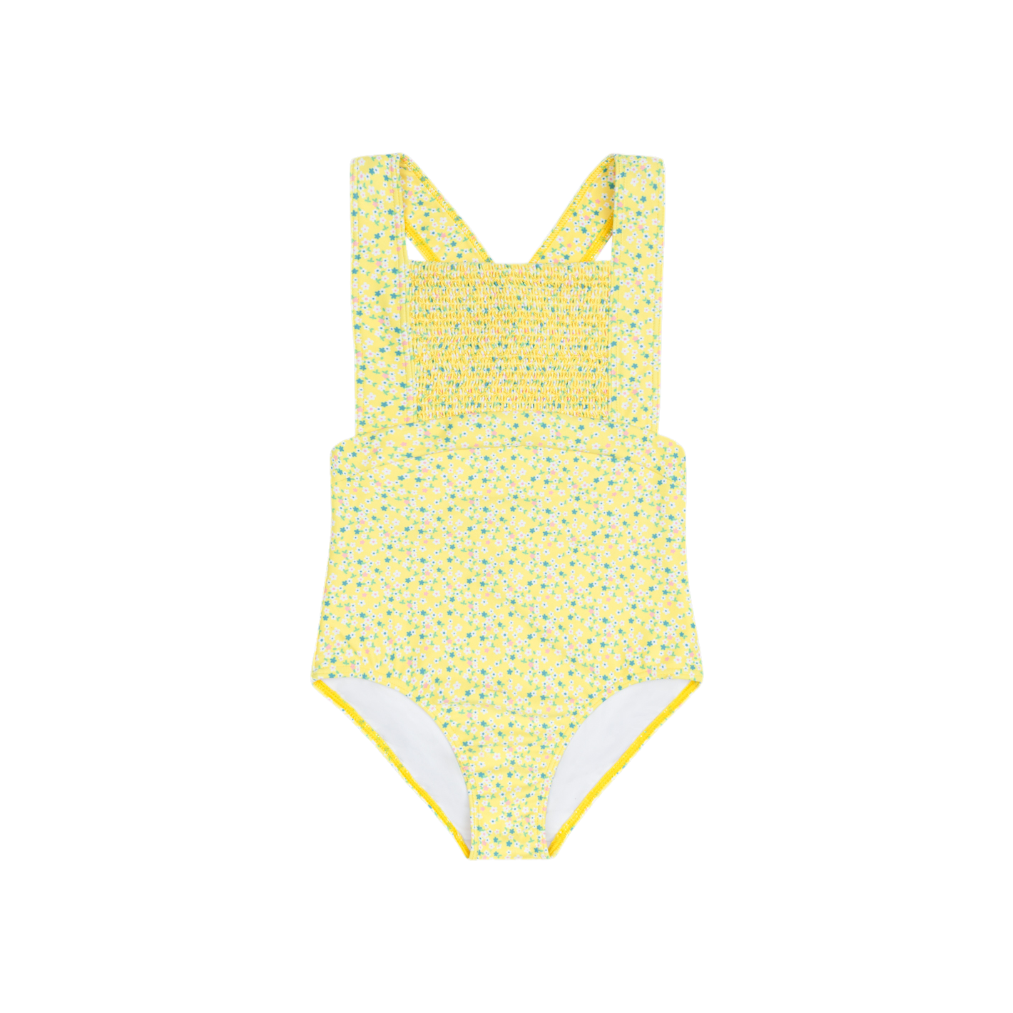 Girls' petite Fleur diamond smocked one-piece swimsuit by Minnow, featuring a floral pattern and delicate smocking details.