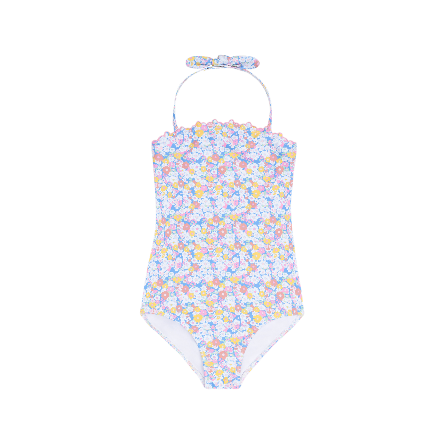 Girls jasmine blossom halter one-piece swimsuit by Minnow, featuring floral design and halter neckline, perfect for summer fun.