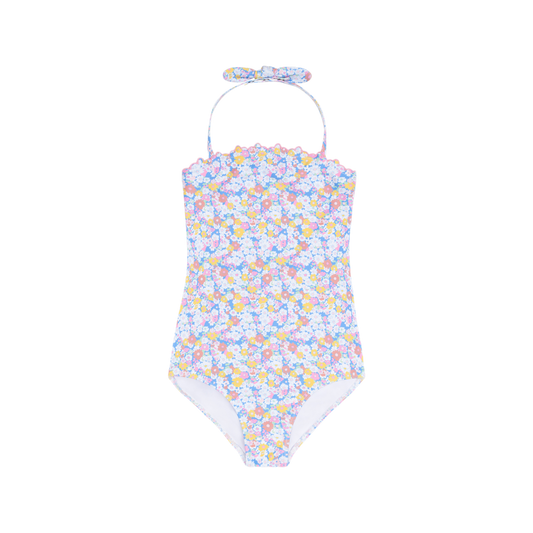 Girls jasmine blossom halter one-piece swimsuit by Minnow, featuring floral design and halter neckline, perfect for summer fun.