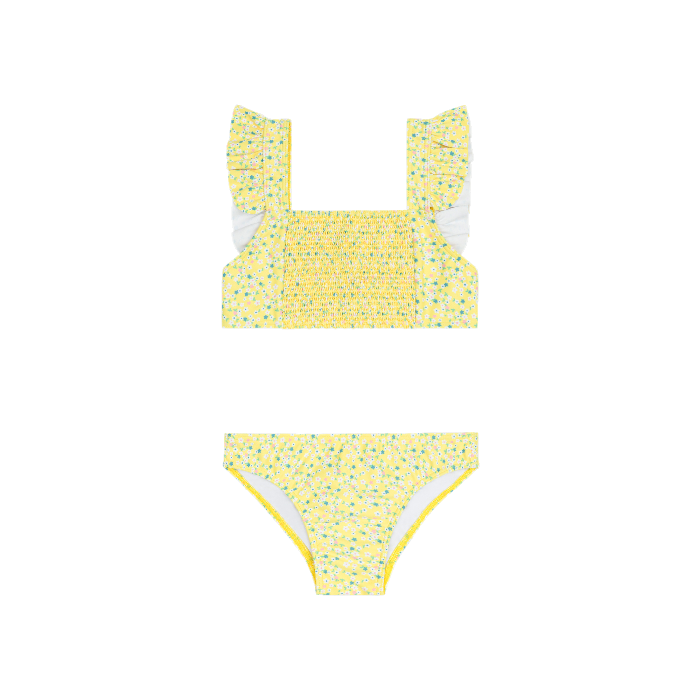 Girls' petite Minnow floral smocked bikini with ruffle straps, featuring a vibrant design and comfortable fit.