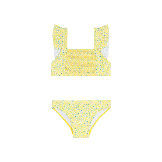 Girls' petite Minnow floral smocked bikini with ruffle straps, featuring a vibrant design and comfortable fit.