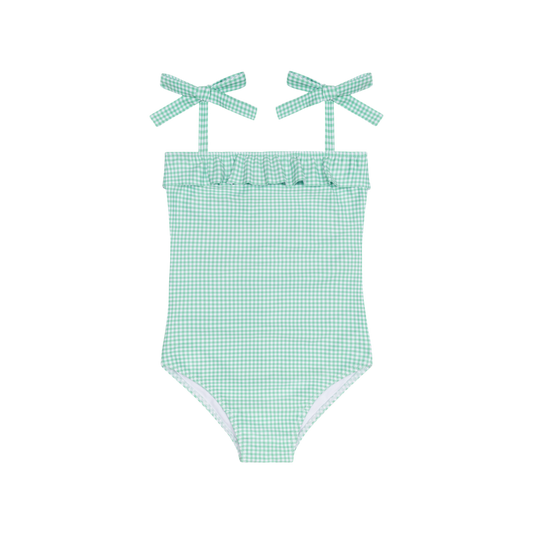 Girls Minnow Gustavia gingham one-piece swimsuit with ruffle front and tie straps, featuring a stylish gingham pattern.