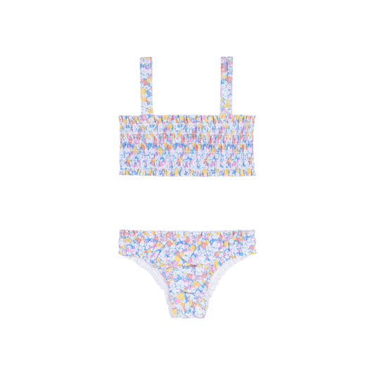 Girls jasmine blossom smocked bikini in pastel colors, featuring floral pattern and adjustable straps, by Minnow.