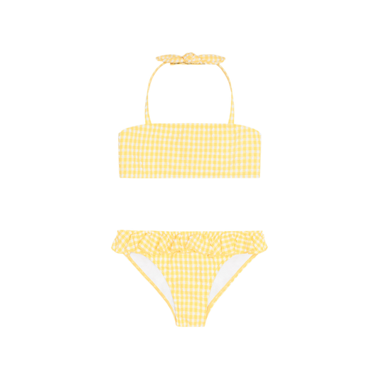 Girls Soleil gingham halter bikini by Minnow featuring a classic red and white checkered pattern and halter neck design.