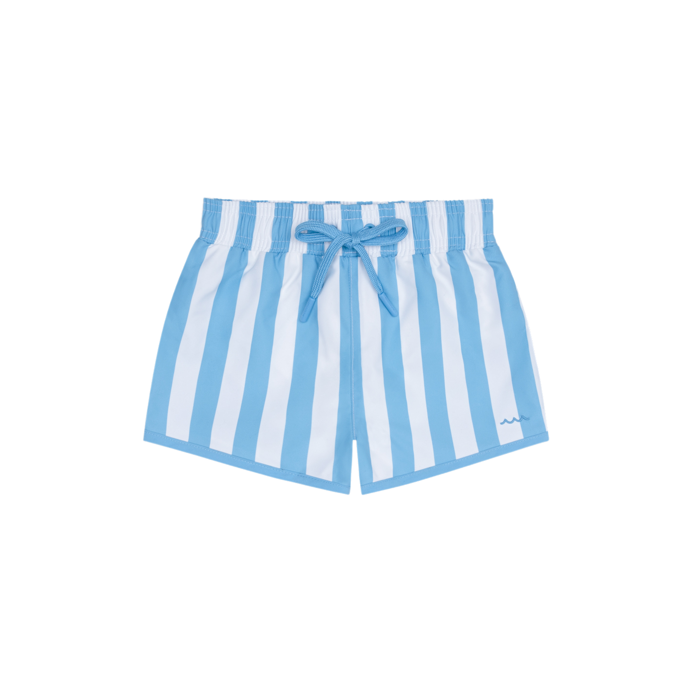 Minnow boys' bay stripe boardie featuring blue and white horizontal stripes, casual swim shorts for boys.