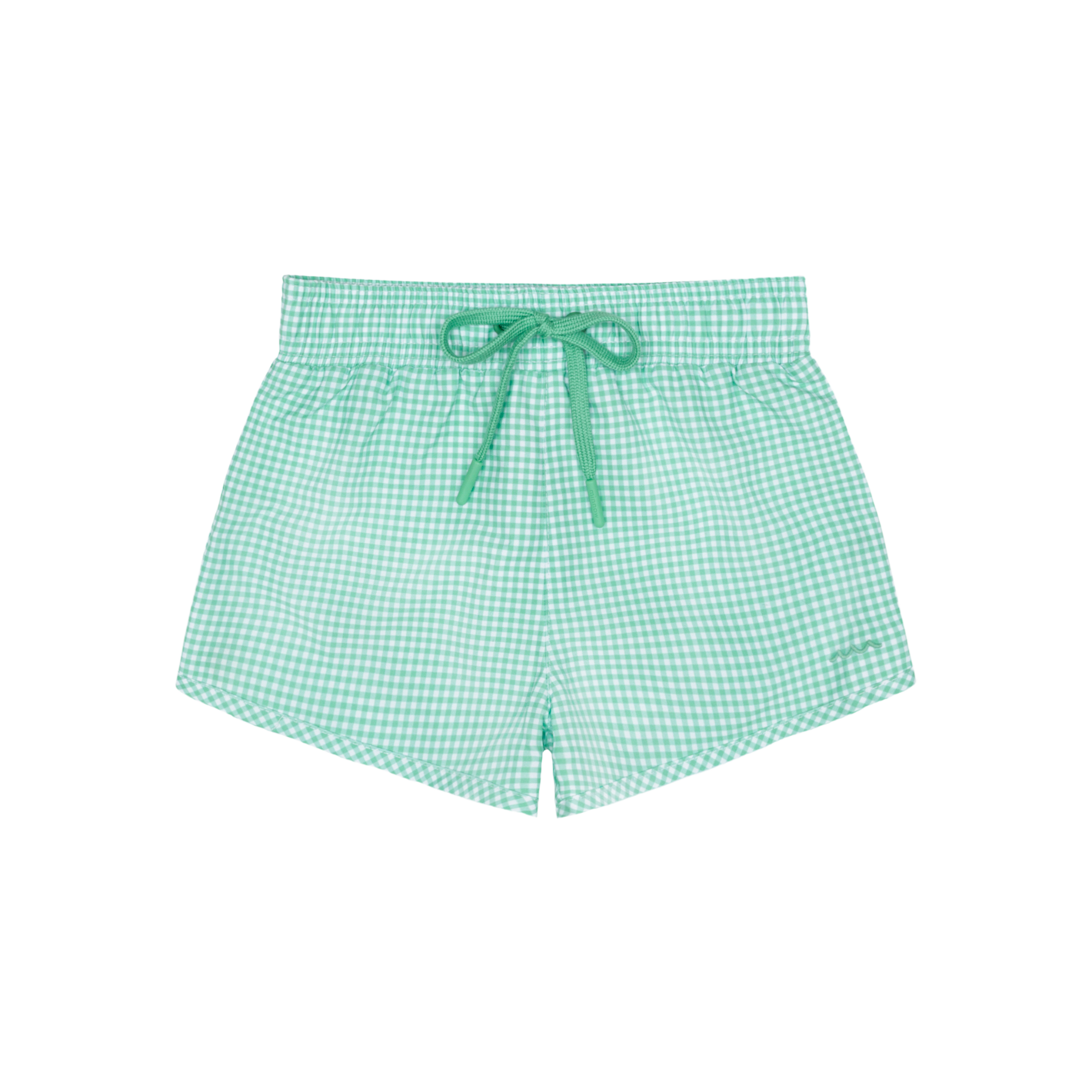 Minnow boys Gustavia gingham boardie featuring blue and white checkered pattern, elastic waistband, and comfortable fit.