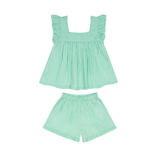 Girls Minnow Gustavia gingham ruffle top and shorts set, featuring a cute ruffled design in pink and white gingham fabric.