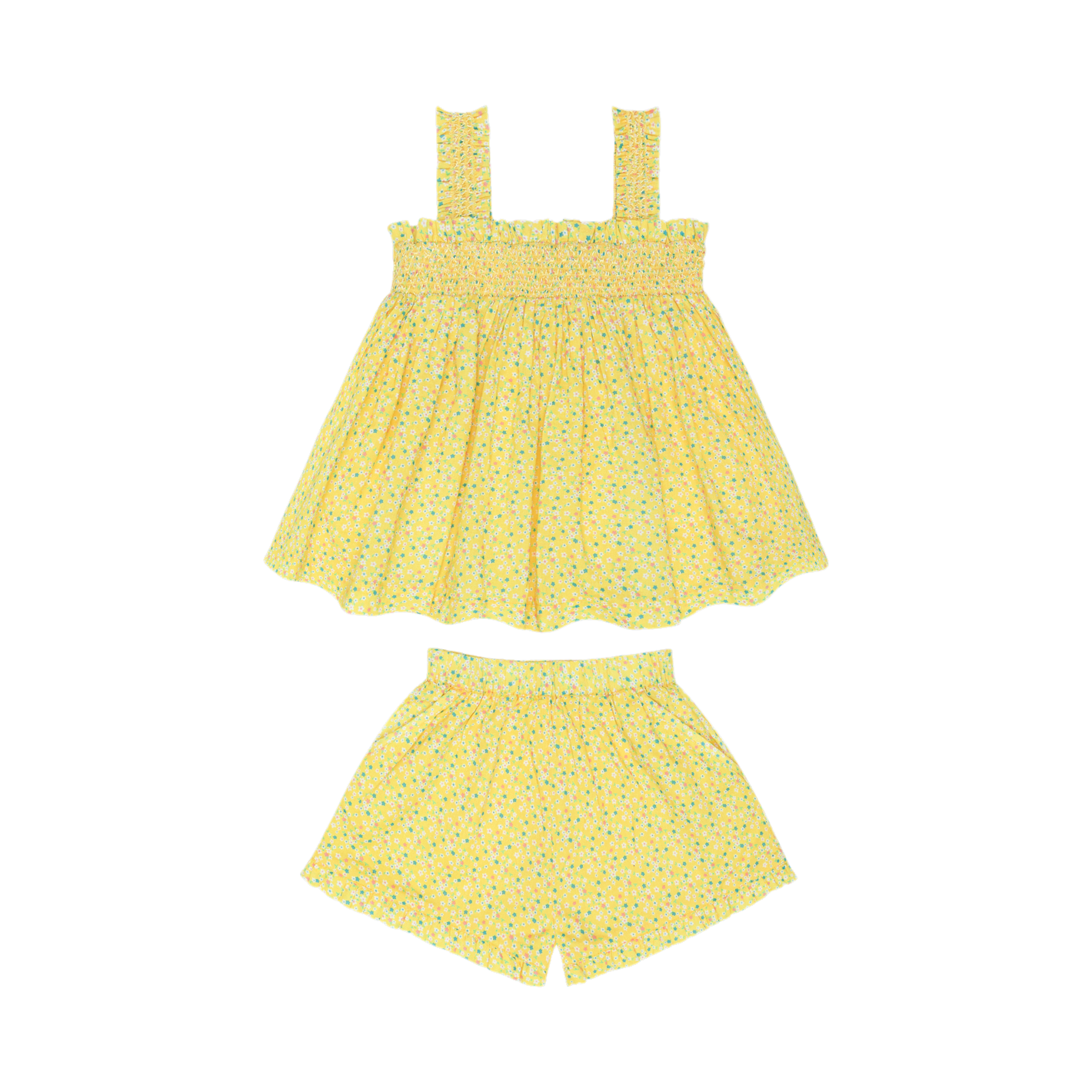 Girls petite Fleur top and short set by Minnow, featuring a floral print and comfortable fit, perfect for warm weather.