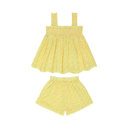 Girls petite Fleur top and short set by Minnow, featuring a floral print and comfortable fit, perfect for warm weather.