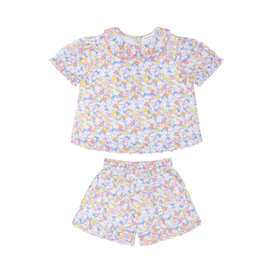 Girls' Minnie Jasmine Blossom Puff Sleeve Short Set by Minnow, featuring a floral print and puffed short sleeves, perfect for spring.