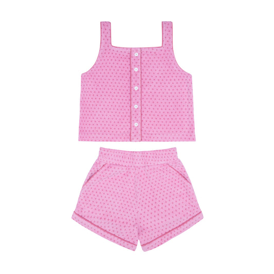 girls blush dot french terry button tank and short set