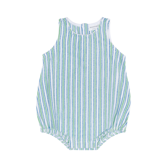 Baby Tamarin Stripe French Terry Bubble Romper by Minnow, featuring soft fabric and colorful stripe pattern for comfortable baby wear.