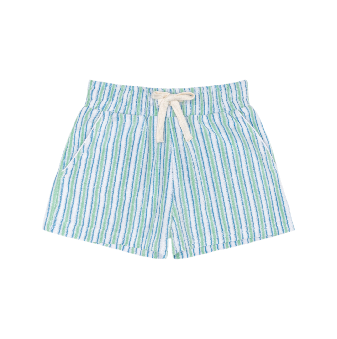 Minnow boys Tamarin stripe French terry shorts, featuring a colorful striped pattern and comfortable casual fit.