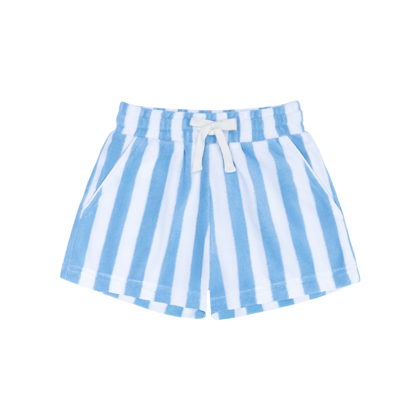Minnow boys' Bay Stripe French Terry shorts featuring blue and white striped pattern and comfortable elastic waistband.